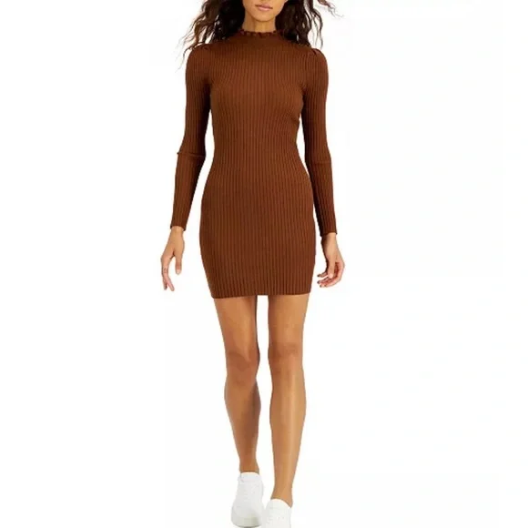strapless open back dress ZENANA Beige Ribbed Mock Neck Mini Sweater Dress